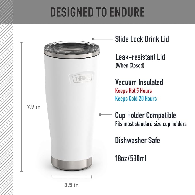THERMOS ICON SERIES, Stainless Steel Tumbler with Slide Lock, 18 Ounce, White - Image 2
