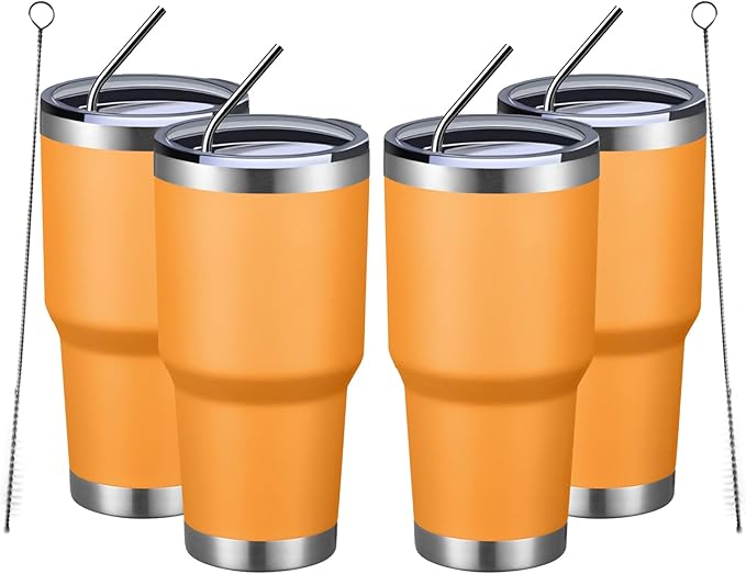 MEWAY 30oz Insulated Tumbler With Lids and Straws,Stainless Steel Double Vacuum Coffee Tumbler Cup, Brush, Durable Powder Coated Coffee Cup for Cold & Hot Drinks, Office, Travel(Orange,4 PACK) by MEWAY