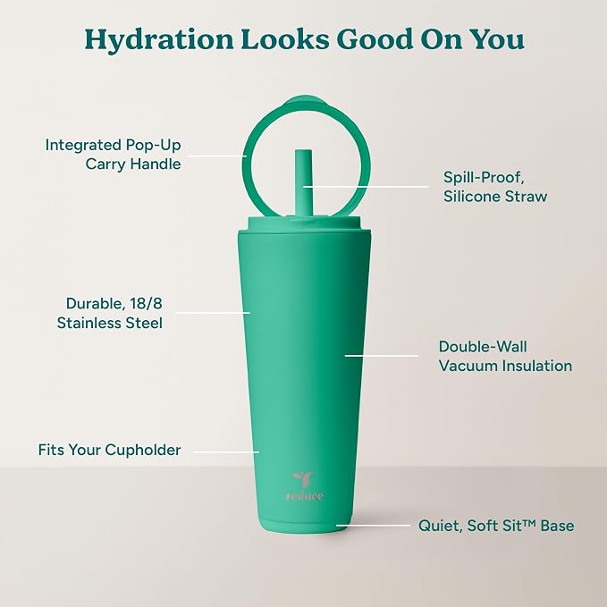 REDUCE Halo 32 oz Stainless Steel Vacuum Insulated Tumbler - Spill Proof Travel Mug with Flip Handle Lid - Keeps Drinks Cold for 32 Hrs - Dishwasher Safe - Cupholder Friendly - Palm Leaf - Image 4