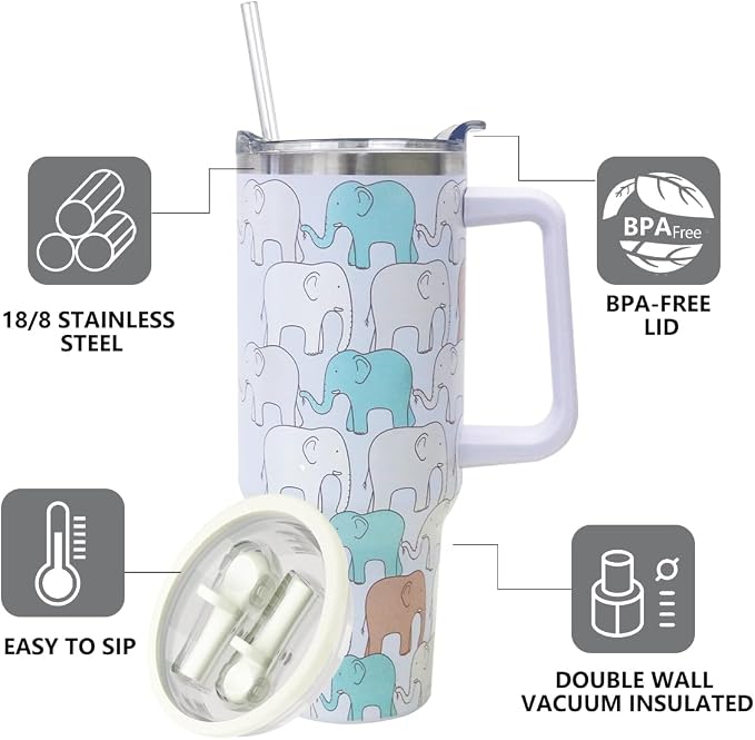 SYACOT 40 oz Tumbler with Handle and Straw Stainless Steel Insulated Tumbler Leak Proof Lid and Straw Lid Reusable Travel Mug Coffee Mug Cup Dishwasher Safe Keep Drinks Cold and Hot (LittleElephant) - Image 4