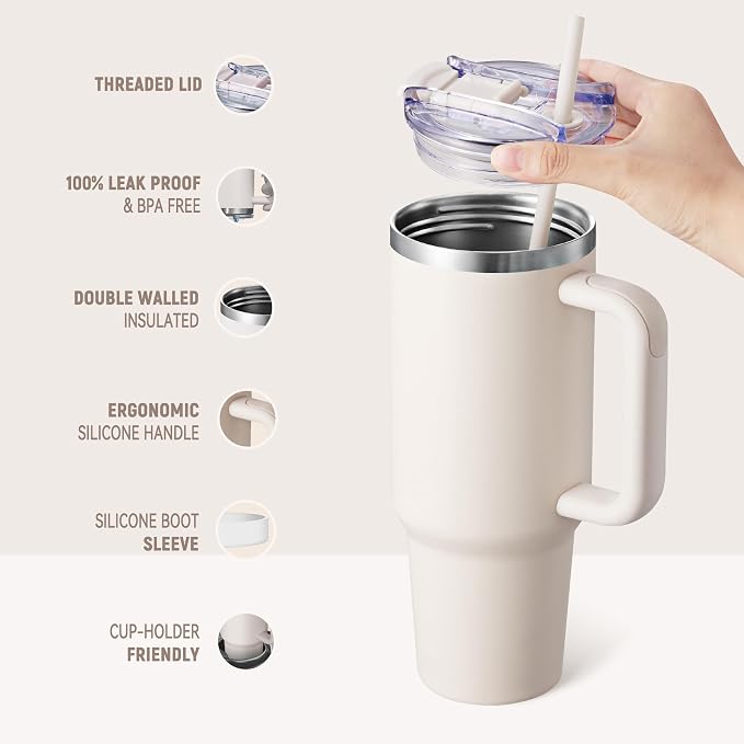 COKTIK 40 oz Tumbler With Handle and Straw, Insulated Tumbler With Leakproof Lids, Stainless Steel|BPA-Free, Cold for 24 H (Beige) - Image 3
