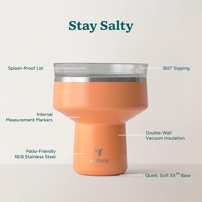 REDUCE Saltini 16 oz Cocktail Tumbler - Insulated Margarita Tumbler with Lid - Keeps Drinks Cold for 10 Hours - 360 Sippable Martini Glass Alternative - Shatterproof, Perfect for Parties - Papaya - Image 3