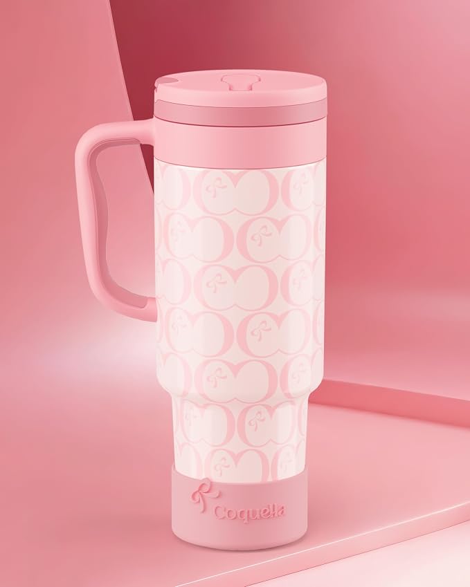 40 oz Insulated Tumbler with Handle and Push-Button Straw Lid, Stainless Steel Travel Cup for Gym Office, Leakproof, BPA-Free, Cup Holder Friendly, Bow Silicone Boot, Pink (C’ Blush) - Image 2