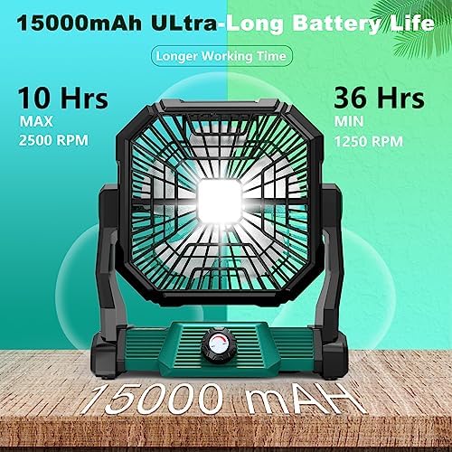 Camping Fan Rechargeable,15000mAh 9-inch Battery Powered Fan with LED Lantern,Large Table Fan Cordless,USB Battery Operated Fan for Travel Bedroom Home Camping Tent Office - Image 3