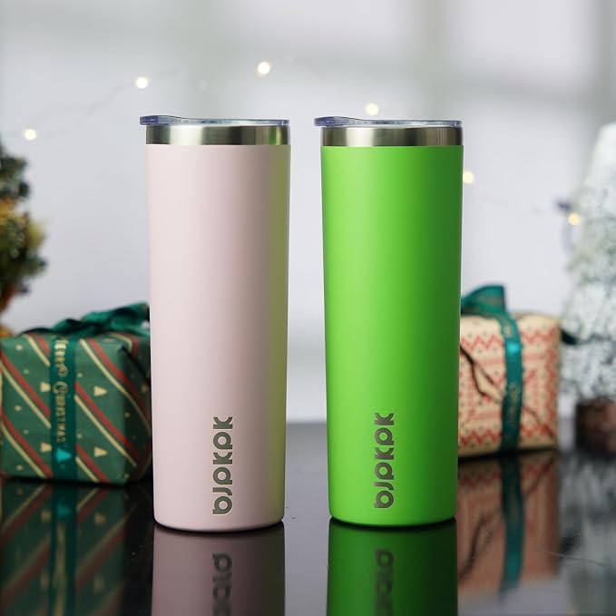 BJPKPK 20 oz Skinny Tumbler with Lid 2 Pack Slim Insulated Travel Coffee Cup Stainless Steel Thermal Mug,Green,Light Pink - Image 4