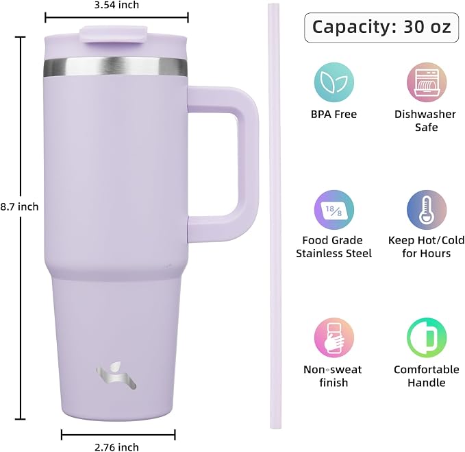 Konokyo 30 oz Tumbler with Handle and 2 Straws,2 in 1 Lid Insulated Water Bottle Stainless Steel Travel Coffee Mug,Wisteria - Image 4