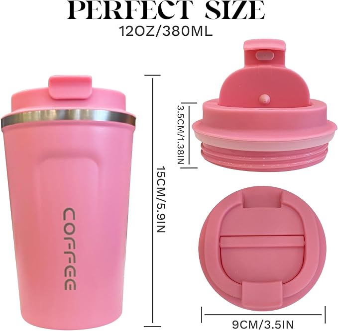 YINBAOGE Insulated Travel Coffee Mug, Spill & Leak Proof, Portable To Go Camping Stainless Steel Coffee Tumbler, Reusable Thermal Coffee Cup with Lid for Hot & Cold Drinks (2nd-Pink, 12 OZ) - Image 4