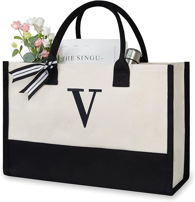 TOPDesign Embroidery Initial Canvas Tote Bag, Personalized Present Bag by TOPDesign
