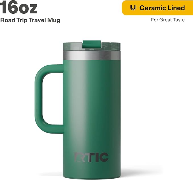 RTIC 16oz Road Trip Travel Mug with Lid and Handle, Ceramic Lined, Insulated, Stainless Steel, Metal, Double Wall Vacuum-Insulation, Portable Coffee, Tea Cup for Hot and Cold Drink, Pine Tree - Image 2