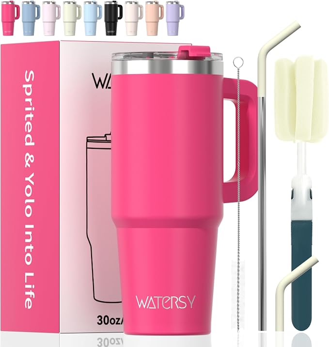 20 oz Tumbler with Handle,Tumbler with Lid and Straw,Double Wall Insulated Cup Stainless Steel Travel Mug(Cold for 34 Hours),Water Bottle for Iced Tea,Coffee,Cold Beverages(Gloss Pink) by Watersy