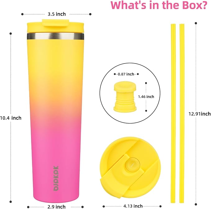 BJPKPK 34oz Stainless Steel Insulated Tumbler With lid And Straw Travel Coffee Thermal Tumblers Cup For Women And Men,Pink Yellow Rose - Image 2
