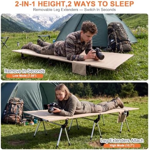Height Adjustable Camping Cot, 350lbs Heavy-Duty Aluminum Frame, Khaki - Image 3