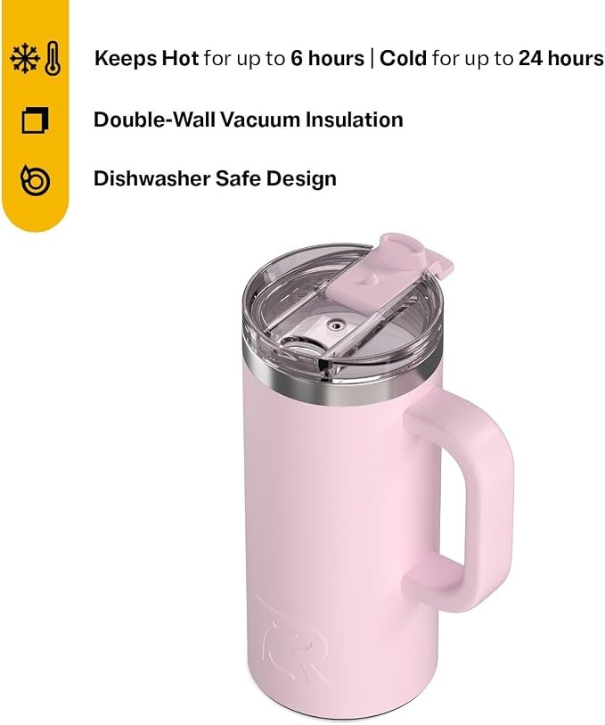 RTIC 16oz Road Trip Travel Mug with Lid and Handle, Ceramic Lined, Insulated, Stainless Steel, Metal, Double Wall Vacuum-Insulation, Portable Coffee, Tea Cup for Hot and Cold Drink, Pale Pink - Image 2