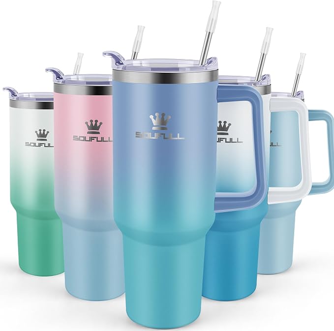 40 oz Tumbler with Handle and Straw Lid, 100% Leak-proof Travel Coffee Mug, Stainless Steel Insulated Cup for Hot and Cold Beverages, Keeps Cold for 34Hrs or Hot for 10Hrs, Dishwasher Safe (LakeBlue) by SOUFULL