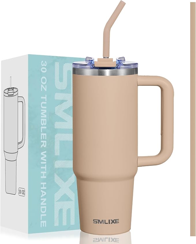 30 oz Tumbler with Handle, Tumbler with Lid and Straw, Double Wall Vacuum Insulated Travel Mug Stainless Steel Tumbler for Hot and Cold, Cupholder Friendly (Mocha) by smlixe