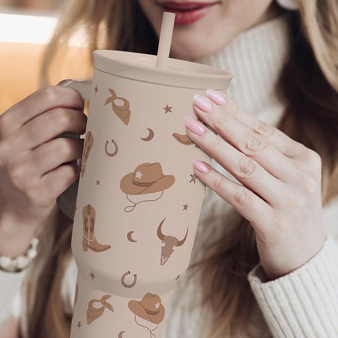 SANDJEST Cowgirl Tumbler 40oz for Women Girls – Stainless Steel Travel Coffee Mug Cup with Handle and Straw, Gift for Birthday Christmas - Image 7