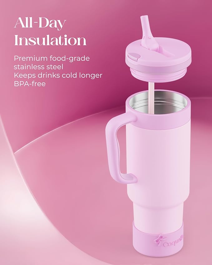 40 oz Insulated Tumbler with Handle and Push-Button Straw Lid, Stainless Steel Travel Cup for Gym Office, Leakproof, BPA-Free, Cup Holder Friendly, Bow Silicone Boot, Purple (Light Lilac) - Image 4