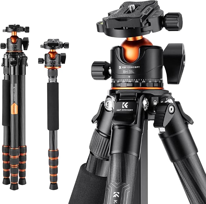 K&F Concept 62" Carbon Fiber Camera Tripod, Portable Compact Tripods by KFCONCEPT