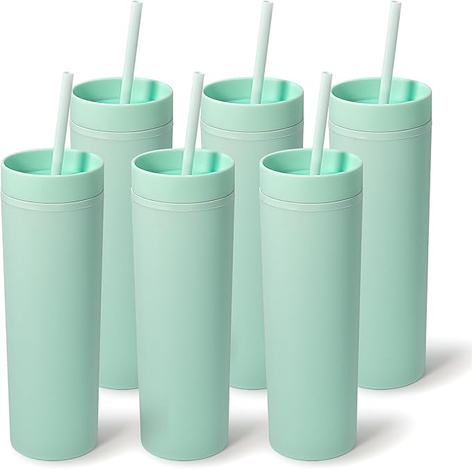 sweet grain Skinny Tumblers with Lids and Straws(6 Pack) - 16oz Matte Pastel Colored Skinny Acrylic Tumblers, Double Wall Plastic Tall Skinny Tumblers Bulk for Cold Hot Drinks - Mint Green by sweetgrain