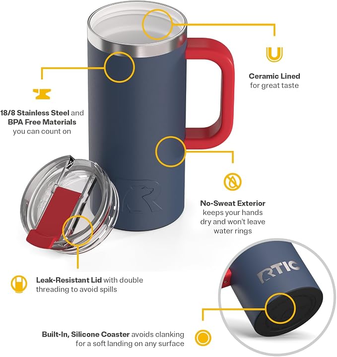 RTIC 16oz Road Trip Travel Mug with Lid and Handle, Ceramic Lined, Insulated, Stainless Steel, Metal, Double Wall Vacuum-Insulation, Portable Coffee, Tea Cup for Hot and Cold Drink, Patriot - Image 3