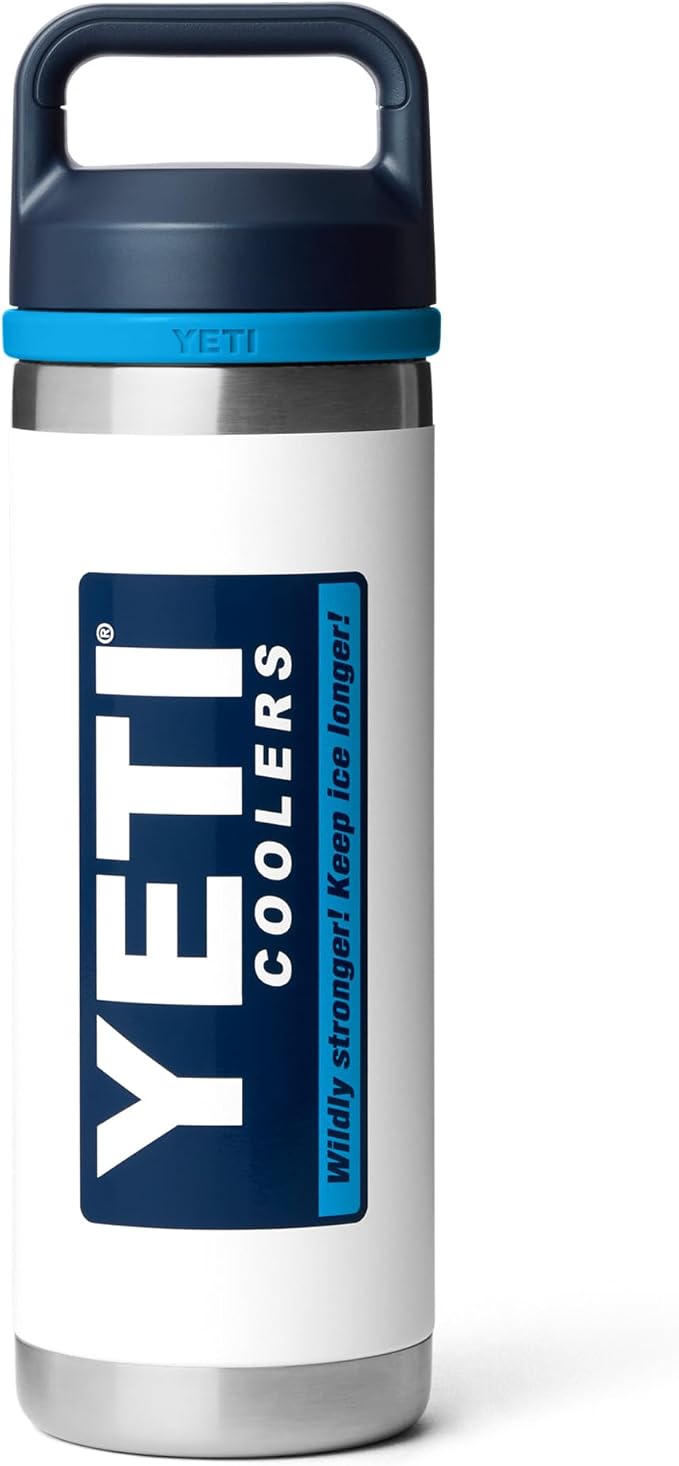 YETI Rambler 18 oz Bottle, Leakproof, Vacuum Insulated, Stainless Steel with Chug Cap, White/Blue by YETI