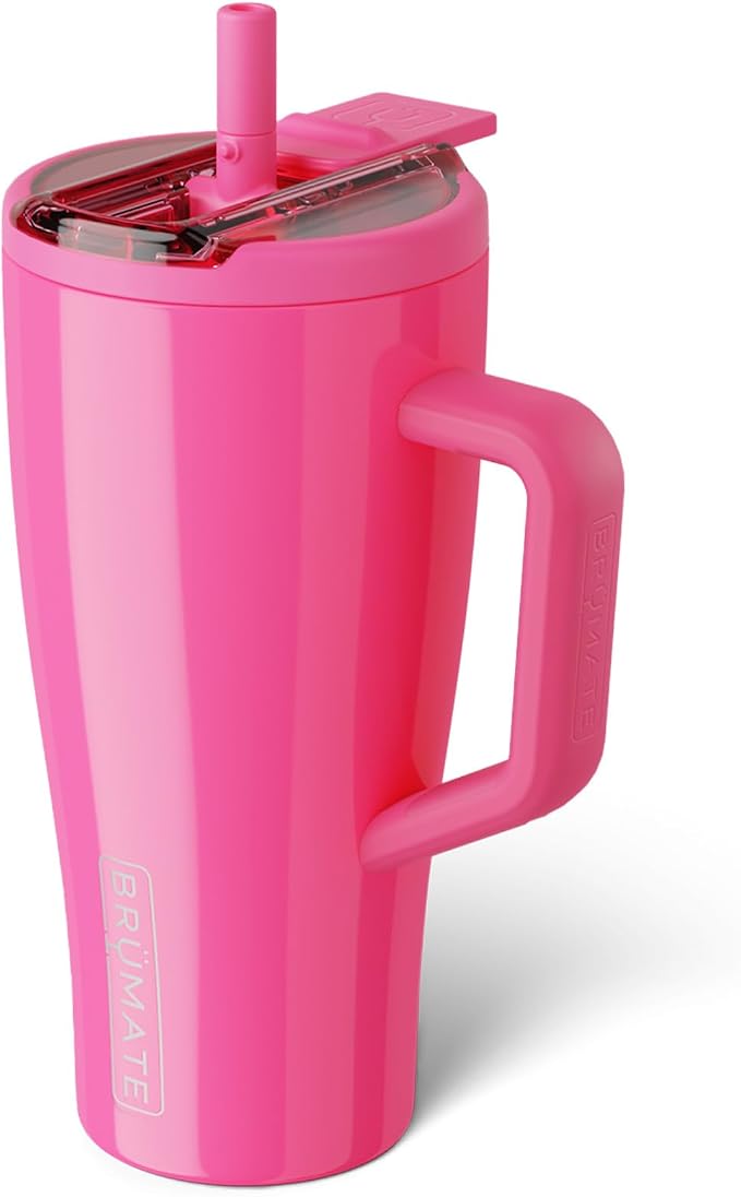 BrüMate Era Flip 30oz Tumbler with 100% Leakproof Covered Straw Lid | Hygienic Covered Straw | Insulated Stainless Steel Water Bottle with Handle | Cup Holder Friendly | BPA-Free (Neon Pink) by Br%C3%BCMate