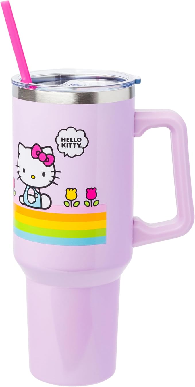 Silver Buffalo Sanrio Hello Kitty Spring and Summer Flowers Rainbow Stripes Double Walled Stainless Steel Tumbler with Handle and Straw, Fits in Standard Cup Holder, 40 Ounces by SilverBuffalo