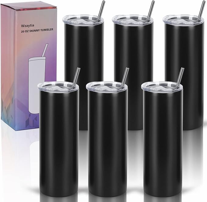 6 Pack 20 Oz Straight Skinny Tumblers,Individually Gift Boxed Stainless Steel Slim Skinny Tumbler Set Bulk, 20 Oz Insulated Slim Thin Travel Tumbler Cup for Diy, Black by Wzaytia