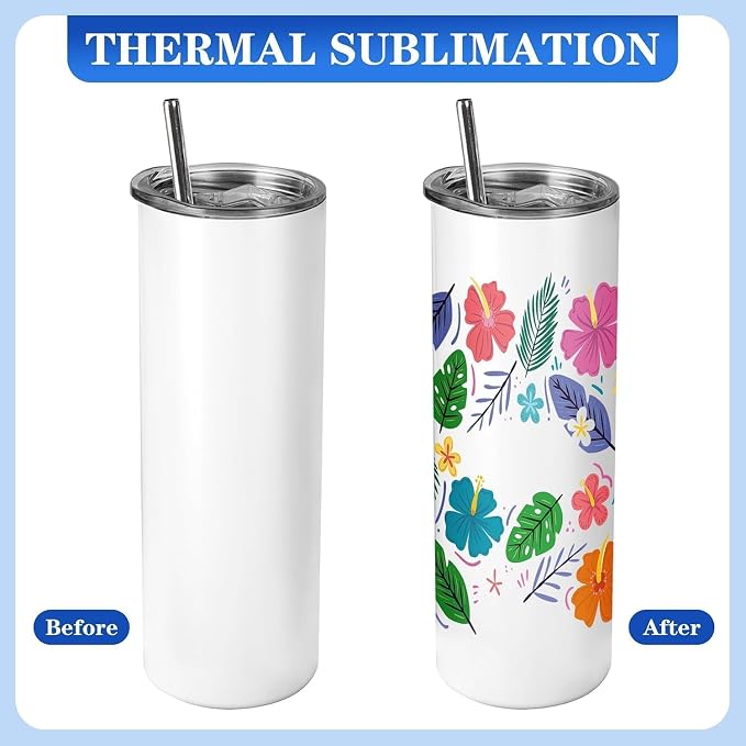 Joyclub 1 Pack Sublimation Tumbler 20 oz Bulk Blank Tumblers Skinny Straight Flat Bottom Cups White with Lid and Straw - Image 3