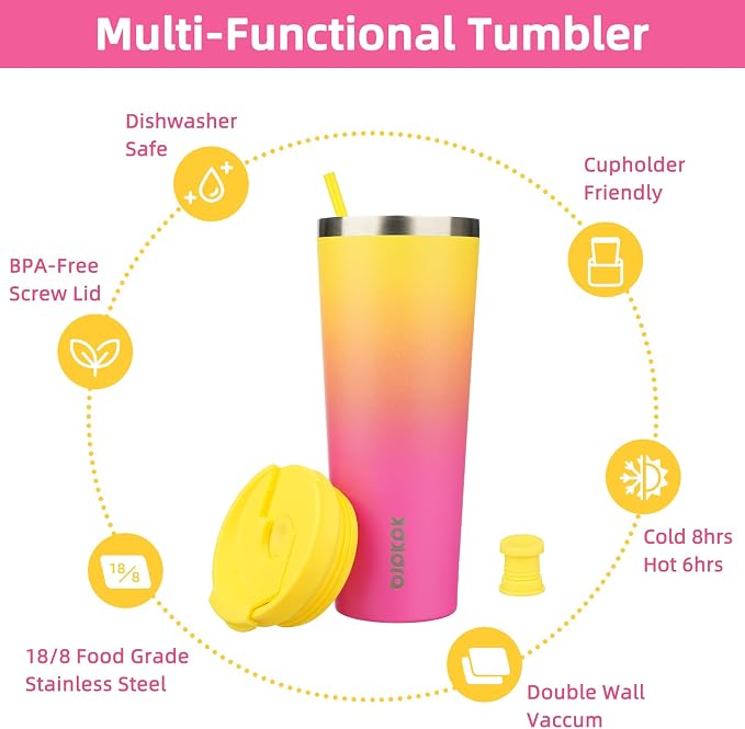 BJPKPK 26oz Stainless Steel Insulated Tumbler With lid And Straw Travel Coffee Thermal Tumblers Cup For Women And Men,Pink Yellow Rose - Image 3