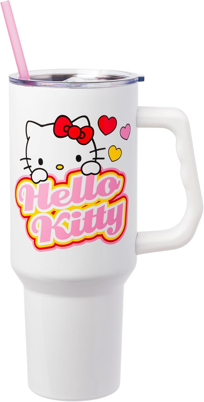 Silver Buffalo Sanrio Hello Kitty Name and Hearts Stainless Steel Tumbler with Handle and Straw, Fits in Standard Cup Holder, 40 Ounces (Pack of 12) by SilverBuffalo