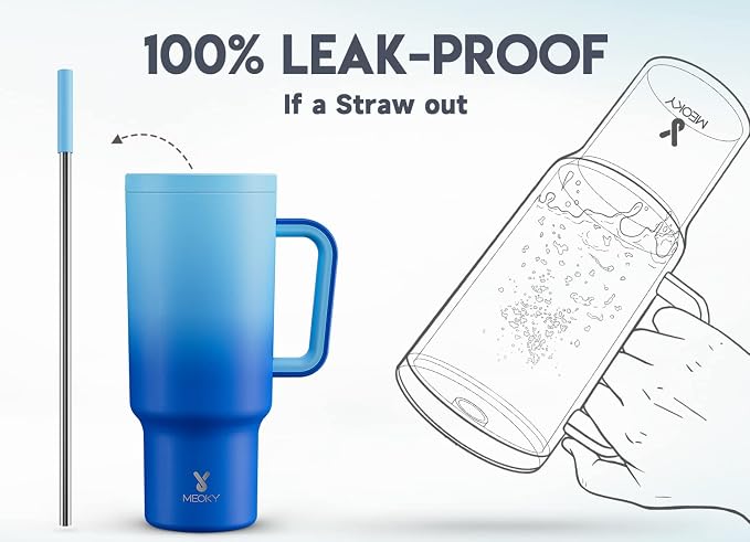 Meoky 40oz Tumbler with Handle, Leak-proof Lid and Straw, Insulated Coffee Mug Stainless Steel Travel Mug, Keeps Cold for 34 Hours or Hot for 10 Hours (Sky) - Image 3