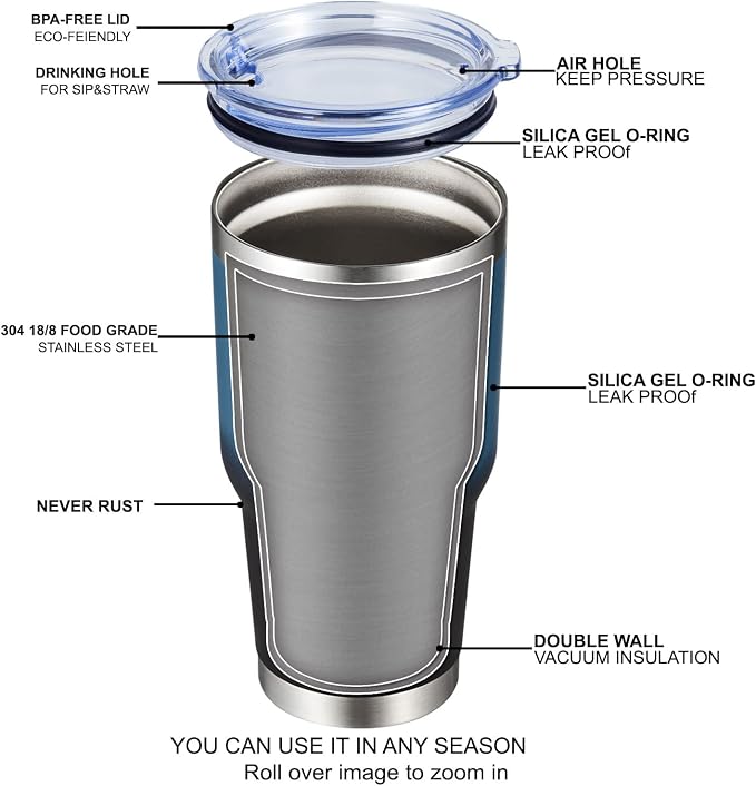 MEWAY 30oz Insulated Tumbler With Lids and Straws,Stainless Steel Double Vacuum Coffee Tumbler Cup, Brush, Durable Powder Coated Coffee Cup for Cold & Hot Drinks, Office, Travel(Blue Black,4 PACK) - Image 4