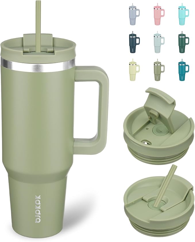 BJPKPK 40 oz Insulated Tumbler With Lid And Straw Stainless Steel Tumblers Cup With Handle For Women And Men,Sage by BJPKPK