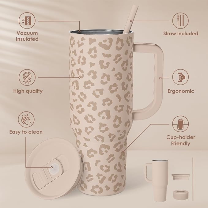 SANDJEST Leopard Tumbler with Handle, Insulated Cup Stainless Steel Travel Mug Cup, Gifts for Women Girl on Birthday Christmas, Tan Leopard, 40oz - Image 2