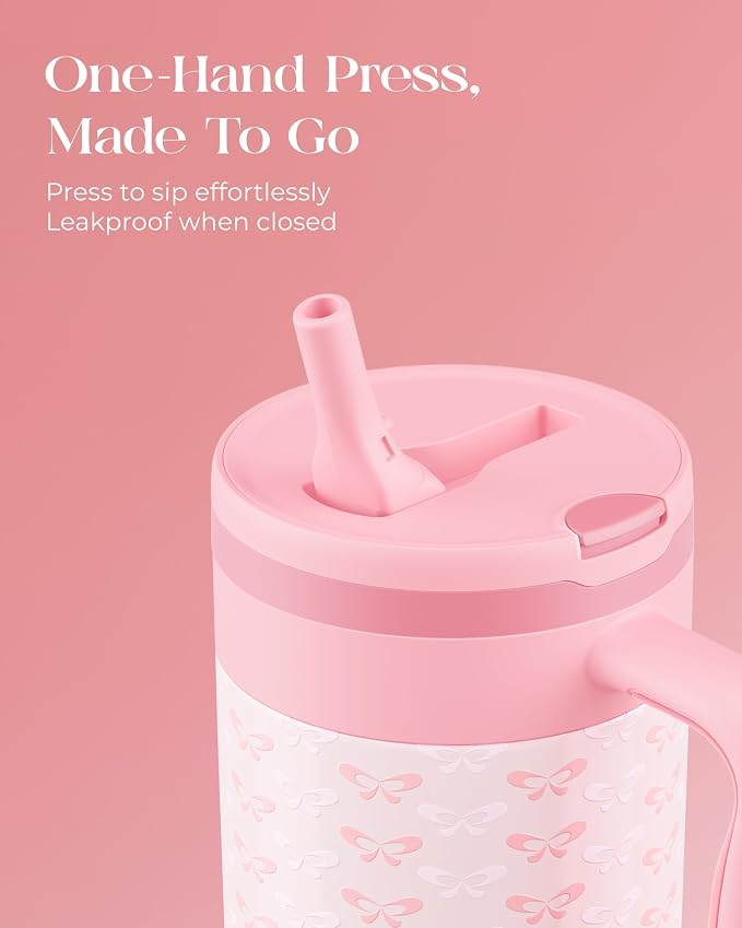 40 oz Insulated Tumbler with Handle and Push-Button Straw Lid, Stainless Steel Travel Cup for Gym Office, Leakproof, BPA-Free, Cup Holder Friendly, Bow Silicone Boot, Pink (Coquette Blush) - Image 3