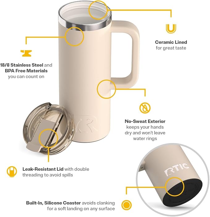 RTIC 20oz Road Trip Travel Mug with Lid and Handle, Ceramic Lined, Insulated, Stainless Steel, Metal, Double Wall Vacuum-Insulation, Portable Coffee, Tea Cup for Hot and Cold Drink, Beach - Image 3
