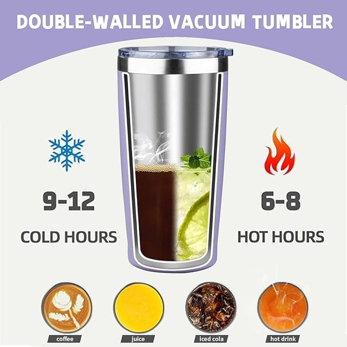 20 oz Tumbler with Lids and Straws, Stainless Steel Insulated Coffee Tumbler, Double Wall Vacuum Insulated Travel Mug Cup, Leakproof Thermal Coffee Cup for Hot and Cold Drinks (light purple) - Image 3