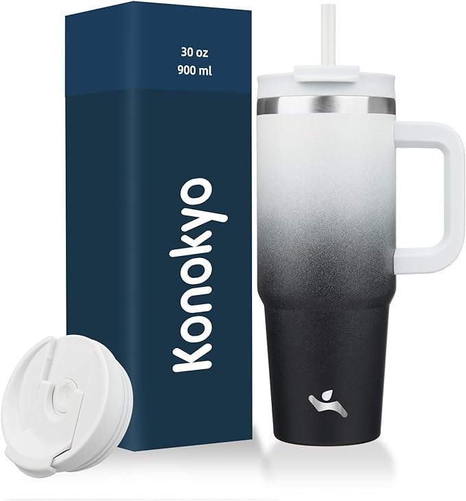 Konokyo 30 oz Tumbler with Handle and 2 Straws,2 in 1 Lid Insulated Water Bottle Stainless Steel Travel Coffee Mug,Day Night by Konokyo