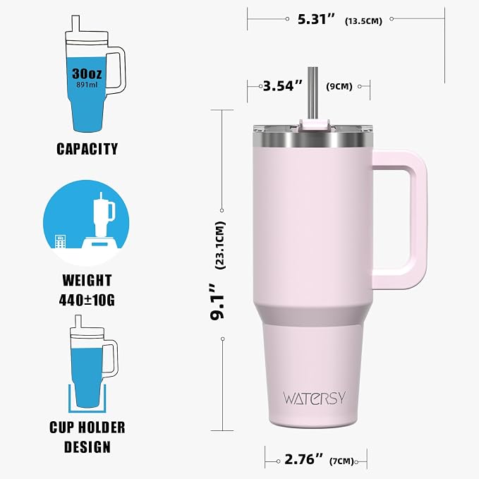 30 oz Tumbler with Handle,Tumbler with Lid and Straw,Double Wall Insulated Cup Stainless Steel Travel Mug(Cold for 34 Hours),Water Bottle for Iced Tea,Coffee,Cold Beverages(Rose Quartz) - Image 8