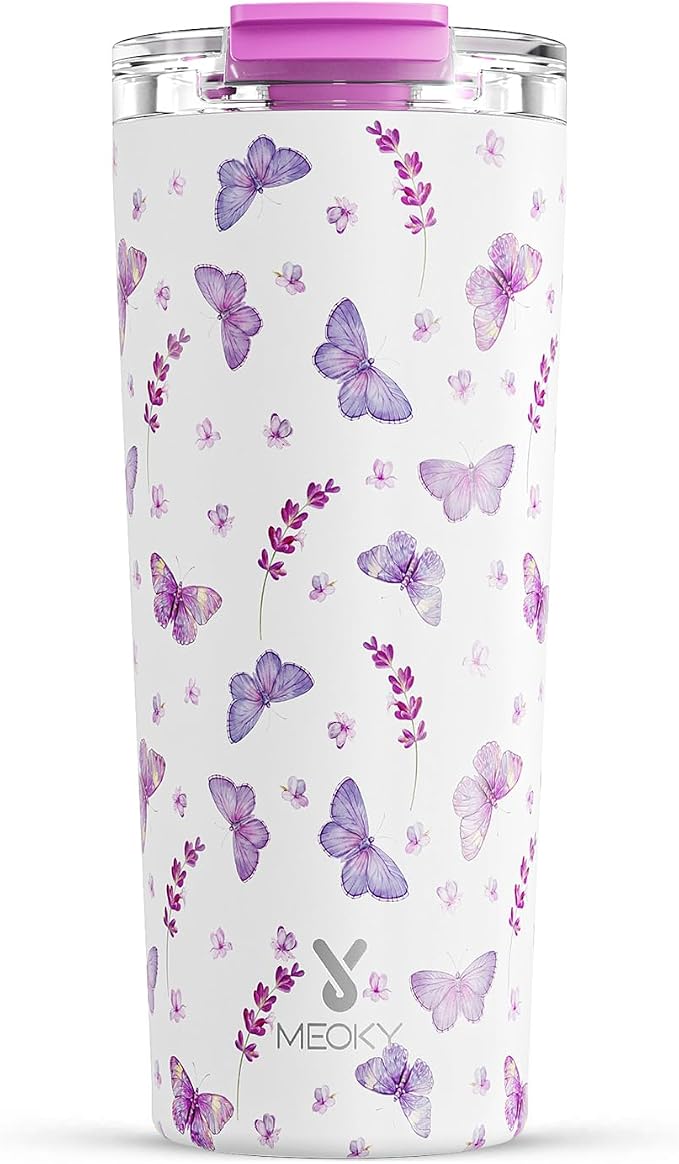 Meoky 24 oz Travel Coffee Mug with Leak-proof Lid, Stainless Steel Insulated Coffee Tumbler, Keeps Hot for 8 Hours or Cold for 24 Hours, Fits in Car Cup Holder (Lavender Butterfly) by MEOKY