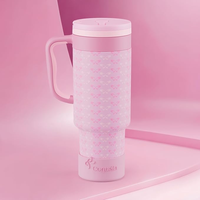 40 oz Insulated Tumbler with Handle and Push-Button Straw Lid, Stainless Steel Travel Cup for Gym Office, Leakproof, BPA-Free, Cup Holder Friendly, Bow Silicone Boot, Pink (Coquette Candy) - Image 2
