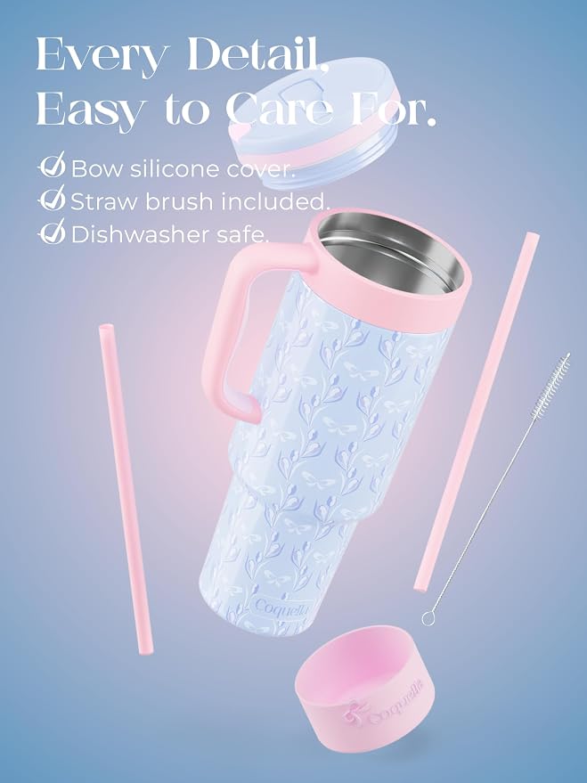 40 oz Insulated Tumbler with Handle and Push-Button Straw Lid, Stainless Steel Travel Cup for Gym Office, Leakproof, BPA-Free, Cup Holder Friendly, Bow Silicone Boot, Blue (Tulip Blue) - Image 6