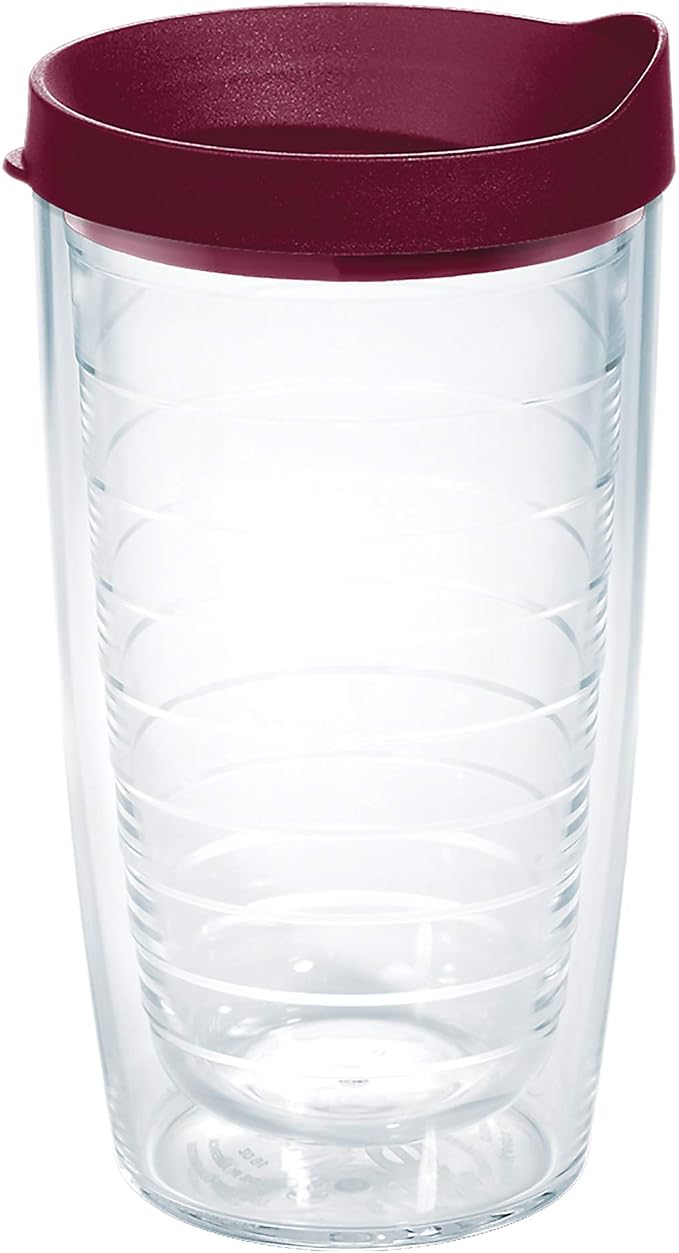 Tervis Clear & Colorful Lidded Made in USA Double Walled Insulated Tumbler Travel Cup Keeps Drinks Cold & Hot, 16oz, Maroon Lid by TervisTumblerCompany