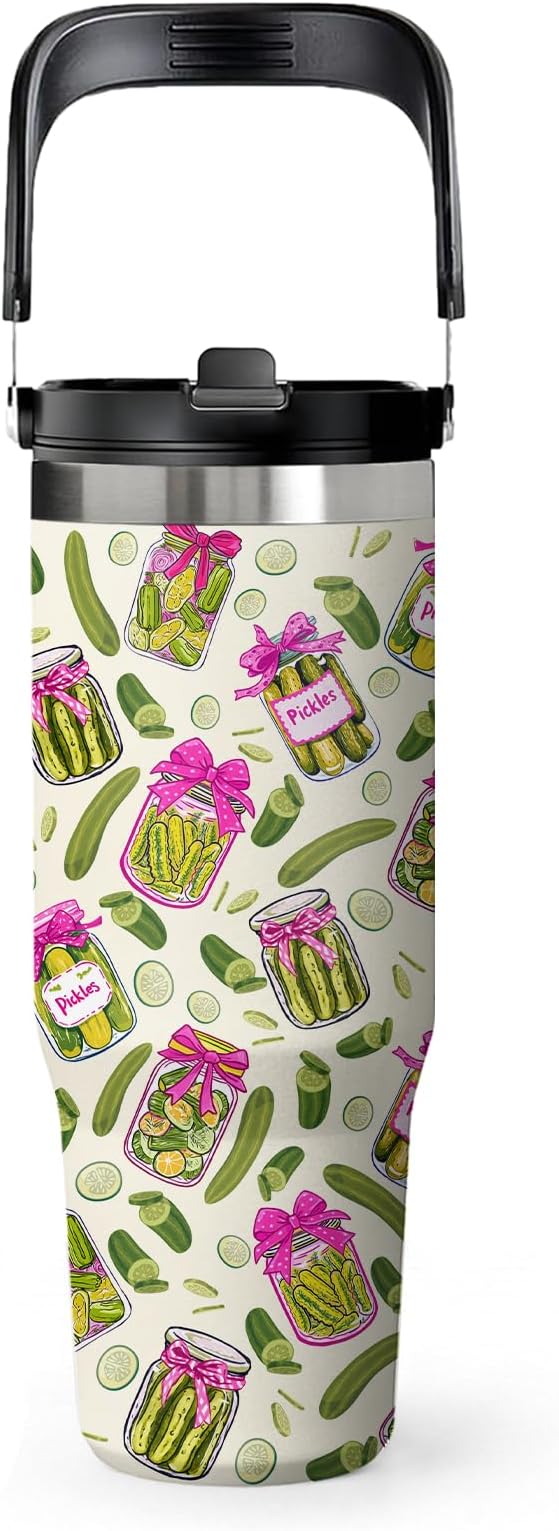 Pickle Tumbler 30oz - Pickle Themed Gifts for Adults, Stainless Steel Insulated Cup with Handle, Novelty Water Bottle for Pickles Lovers, Funny Kitchen Theme Present by welcometoHYMONA