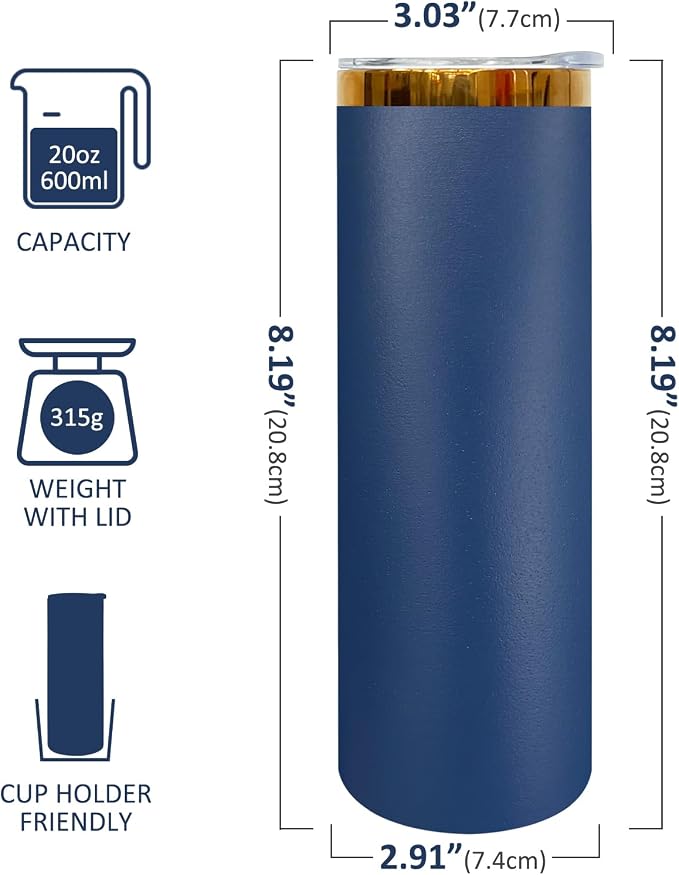 20 oz Skinny Tumblers Stainless Steel Tumbler with Lid and Straw Double Wall Vacuum Insulated Coffee Mug 20oz Powder Coated Cup for Hot and Cold Drinks(Navy,8 pack) - Image 2