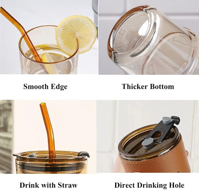 BLUEPOLAR 13oz/400ml Tumbler Water Glass, Cups with Straw and Lid Sealed Carry on for Coffee, Iced Tea, Thick Wall Insulated Glass Cup（Amber 2-Pack） - Image 2
