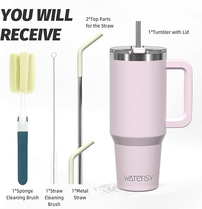 40 oz Tumbler with Handle,Tumbler with Lid and Straw,Double Wall Insulated Cup Stainless Steel Travel Mug(Cold for 34 Hours),Water Bottle for Iced Tea,Coffee,Cold Beverages(Rose Quartz) - Image 3