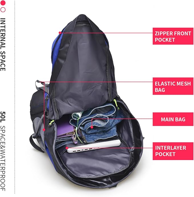 Bseash 50L Hiking Backpack, Water Resistant Lightweight Outdoor Sport Daypack - Image 3