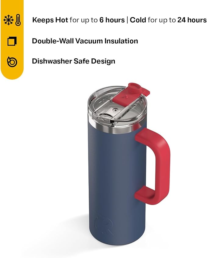 RTIC 20oz Road Trip Travel Mug with Lid and Handle, Ceramic Lined, Insulated, Stainless Steel, Metal, Double Wall Vacuum-Insulation, Portable Coffee, Tea Cup for Hot and Cold Drink, Patriot - Image 2